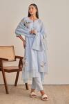 Buy_Khamaj India_Blue Chanderi, Cotton Embroidery, Applique Split V-neck Diana Kurta Set _at_Aza_Fashions