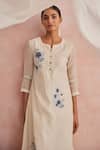 Buy_Khamaj India_Cream Chanderi, Cotton Embroidery, Applique Round Neck Diana Kurta And Pant Set _Online_at_Aza_Fashions