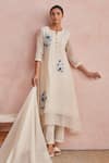 Shop_Khamaj India_Cream Chanderi, Cotton Embroidery, Applique Round Neck Diana Kurta And Pant Set _Online_at_Aza_Fashions