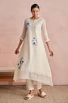 Khamaj India_Cream Chanderi, Cotton Embroidery, Applique Round Neck, Diana Work Kurta Set _Online_at_Aza_Fashions