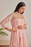 Khamaj India_Peach Chanderi Embroidery High Neck Ellen Applique Hand Dress _Online_at_Aza_Fashions
