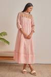Buy_Khamaj India_Peach Chanderi Embroidery High Neck Ellen Applique Hand Dress _at_Aza_Fashions
