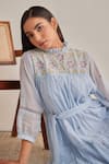 Shop_Khamaj India_Blue Chanderi Embroidery, Applique High Neck Ellen Dress With Belt _Online_at_Aza_Fashions