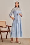 Buy_Khamaj India_Blue Chanderi Embroidery, Applique High Neck Ellen Dress With Belt _at_Aza_Fashions