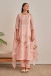 Buy_Khamaj India_Peach Chanderi, Cotton Embroidery, Applique Round Tulip Hand Kurta And Pant Set _Online_at_Aza_Fashions