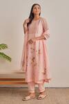Shop_Khamaj India_Peach Chanderi, Cotton Embroidery, Applique Round Tulip Hand Kurta And Pant Set _Online_at_Aza_Fashions
