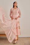Buy_Khamaj India_Pink Chanderi, Cotton Embroidery, Applique Round Neck Tulip Kurta Set _Online_at_Aza_Fashions
