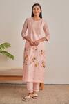 Shop_Khamaj India_Pink Chanderi, Cotton Embroidery, Applique Round Neck Tulip Kurta Set _Online_at_Aza_Fashions