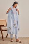 Buy_Khamaj India_Blue Chanderi, Cotton Embroidery, Applique Round Neck Tulip Floral Kurta Set 