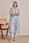 Buy_Khamaj India_Blue Chanderi, Cotton Embroidery, Applique Round Neck Tulip Floral Kurta Set _at_Aza_Fashions