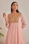 Buy_Khamaj India_Pink Chanderi, Cotton Embroidery, Foil Printing Jade Geometric Kurta And Pant Set _Online_at_Aza_Fashions