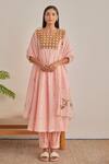 Khamaj India_Pink Chanderi, Cotton Embroidery, Foil Printing Jade Geometric Kurta And Pant Set _at_Aza_Fashions