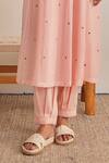 Khamaj India_Pink Chanderi, Cotton Embroidery, Piping V-neck Jade Hand Kurta Set _Online_at_Aza_Fashions