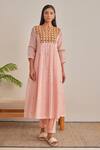 Khamaj India_Pink Chanderi, Cotton Embroidery, Piping V-neck Jade Hand Kurta Set _at_Aza_Fashions