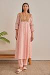 Shop_Khamaj India_Pink Chanderi, Cotton Embroidery, Piping V-neck Jade Hand Kurta Set 