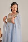 Khamaj India_Blue Chanderi, Cotton Embroidery, Metallic Thread Split Jade Kurta And Pant Set _Online_at_Aza_Fashions