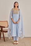 Khamaj India_Blue Chanderi, Cotton Embroidery, Metallic Thread Split Jade Kurta And Pant Set _at_Aza_Fashions