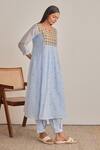Buy_Khamaj India_Blue Chanderi, Cotton Embroidery, Metallic Thread Split Jade Kurta And Pant Set 