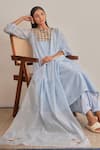 Khamaj India_Blue Chanderi, Cotton Embroidery, Sequins Split V-neck Jade Hand Kurta Set _at_Aza_Fashions