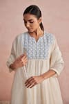 Shop_Khamaj India_Cream Chanderi, Cotton Embroidery Split V-neck Jade Kurta And Pant Set _Online_at_Aza_Fashions