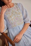 Buy_Khamaj India_Blue Chanderi Embroidery, Applique Round Neck Faye Dress _Online_at_Aza_Fashions