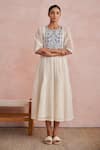 Buy_Khamaj India_Cream Chanderi Embroidery, Applique Round Neck Faye Hand Dress _Online_at_Aza_Fashions