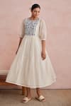 Shop_Khamaj India_Cream Chanderi Embroidery, Applique Round Neck Faye Hand Dress _Online_at_Aza_Fashions