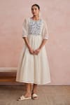 Buy_Khamaj India_Cream Chanderi Embroidery, Applique Round Neck Faye Hand Dress _at_Aza_Fashions