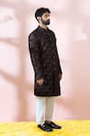 Arihant Rai Sinha_Blue Velvet, Polyester, Viscose Geometric Pattern Sherwani And Pant Set 