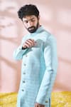 Arihant Rai Sinha_Green Cotton, Silk, Polyester, Viscose Geometric Thread Sherwani And Pant Set 