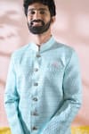 Arihant Rai Sinha_Green Cotton, Silk, Polyester, Viscose Geometric Thread Sherwani And Pant Set 
