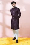 Shop_Arihant Rai Sinha_Wine Polyester, Viscose Geometric Pattern Sherwani And Pant Set _Online