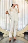 Shop_Kay Kay_White Twill, Denim Embroidery, Beads Collared, Lestor Shirt And Pant Co-ord Set _Online_at_Aza_Fashions