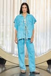 Buy_Kay Kay_Blue Twill, Denim Stones Collared, V-neck Lina Embroidered Shirt And Pant Set _at_Aza_Fashions