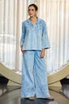 Buy_Kay Kay_Blue Denim, Twill Embroidery V-neck Kay Floral Motif Shirt And Pant Set _at_Aza_Fashions