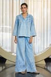 Buy_Kay Kay_Blue Denim, Twill Embroidery V-neck Kay Floral Motif Shirt And Pant Set 