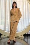 Buy_Kay Kay_Brown Twill, Denim Embroidery V-neck Maury Placement Shirt And Pant Set _at_Aza_Fashions
