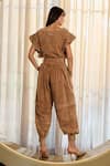 Kay Kay_Brown Twill, Denim Embroidery Round Neck Milie Top And Pant Set _Online_at_Aza_Fashions