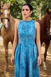 Buy_Kay Kay_Blue Denim, Twill Embroidery High Neck Bianca Sleeveless Dress 