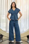 Buy_Kay Kay_Navy Denim Embroidery V-neck Kate Top And Pant Set _at_Aza_Fashions