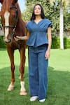 Kay Kay_Navy Denim Embroidery V-neck Kate Top And Pant Set 