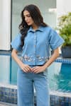 Buy_Kay Kay_Blue Denim Applique Collared Cyriala Shirt And Pant Set _Online_at_Aza_Fashions