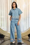 Buy_Kay Kay_Blue Denim Applique Collared Cyriala Shirt And Pant Set _at_Aza_Fashions