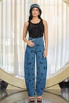 Buy_Kay Kay_Black Cotton, Denim Beads, Sequins Round Neck Casey Rib Top And Pant Set _Online_at_Aza_Fashions