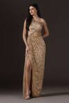 Buy_Pooja Peshoria_Gold Satin, Crepe, Net Beads, Sequins, Embroidery One Shoulder Draped Gown _at_Aza_Fashions