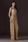 Pooja Peshoria_Gold Satin, Crepe, Net Beads, Sequins, Embroidery One Shoulder Draped Gown _Online_at_Aza_Fashions