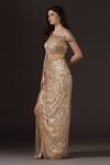 Buy_Pooja Peshoria_Gold Satin, Crepe, Net Beads, Sequins, Embroidery One Shoulder Draped Gown _Online_at_Aza_Fashions