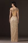 Shop_Pooja Peshoria_Gold Satin, Crepe, Net Beads, Sequins, Embroidery One Shoulder Draped Gown _at_Aza_Fashions