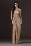 Shop_Pooja Peshoria_Gold Satin, Crepe, Net Beads, Sequins, Embroidery One Shoulder Draped Gown _Online_at_Aza_Fashions