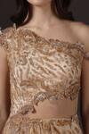 Buy_Pooja Peshoria_Gold Satin, Crepe, Net Beads, Sequins, Embroidery One Shoulder Draped Gown 
